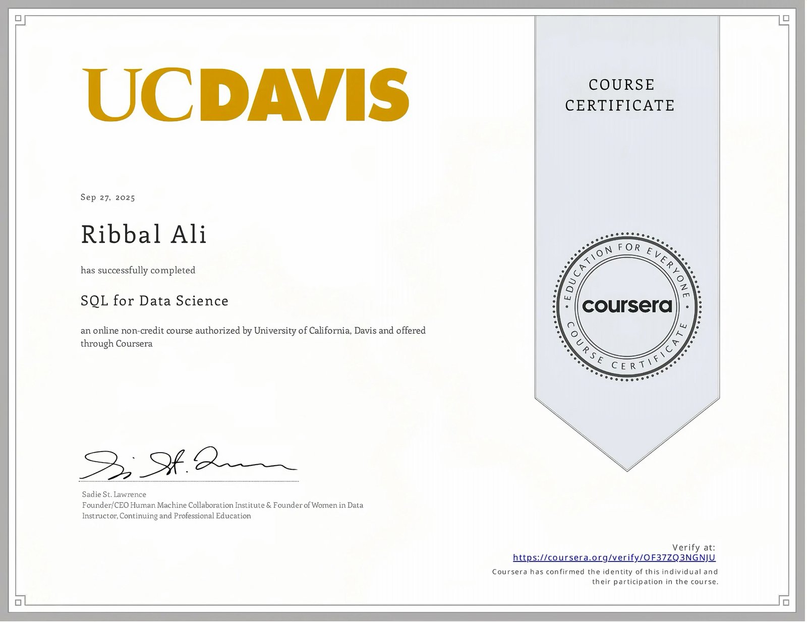 SQL for Data Science Certificate
